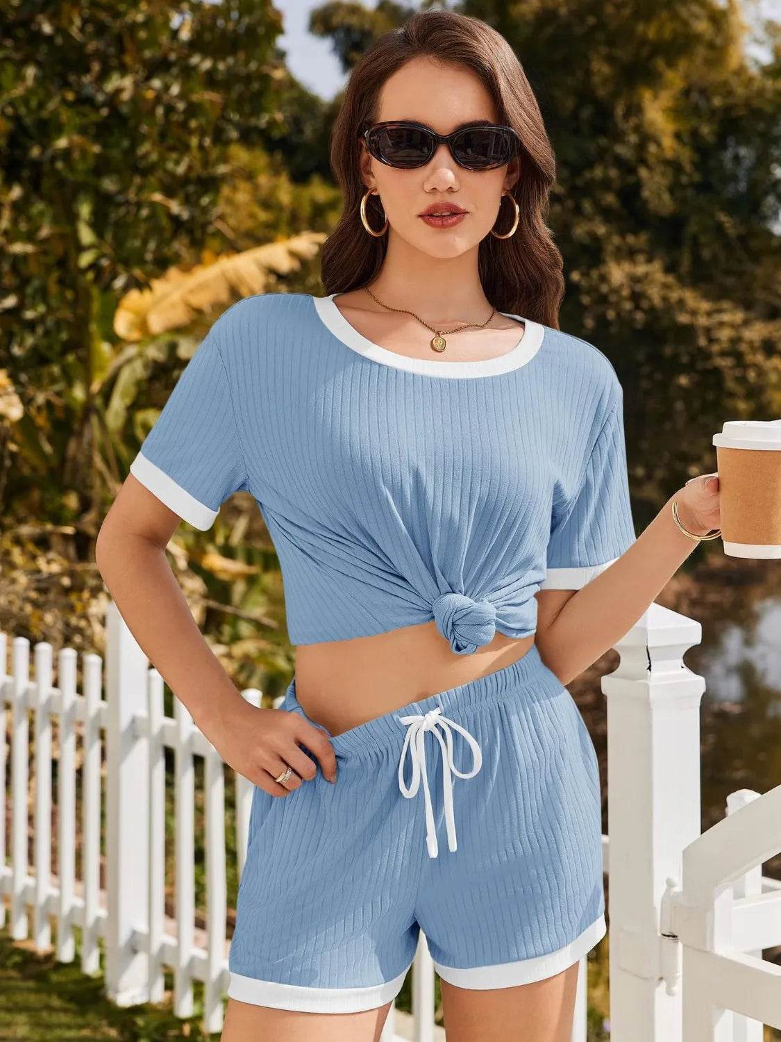 Ribbed Round Neck Top and Shorts Set - Velveta Studio