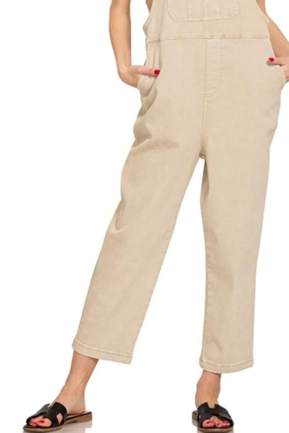 Washed Knot Strap Relaxed Fit Overalls - Sand Beige - Velveta Studio