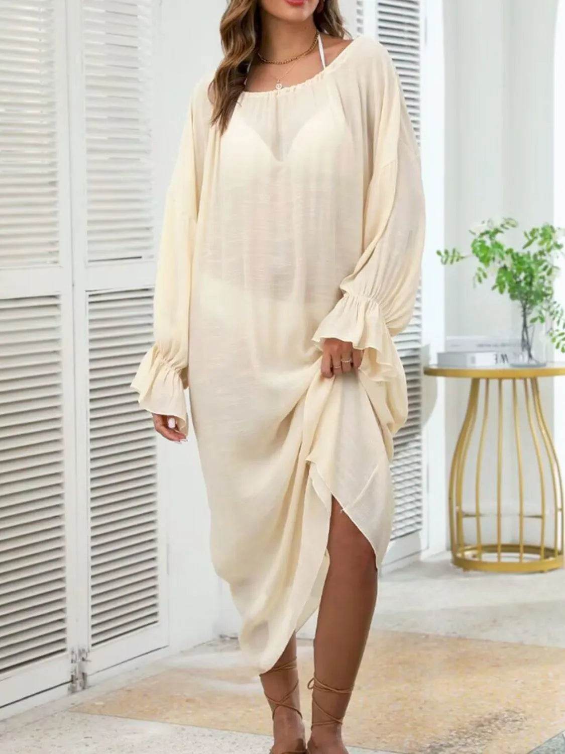 Backless Drawstring Back Flounce Sleeve Cover-Up - Velveta Studio