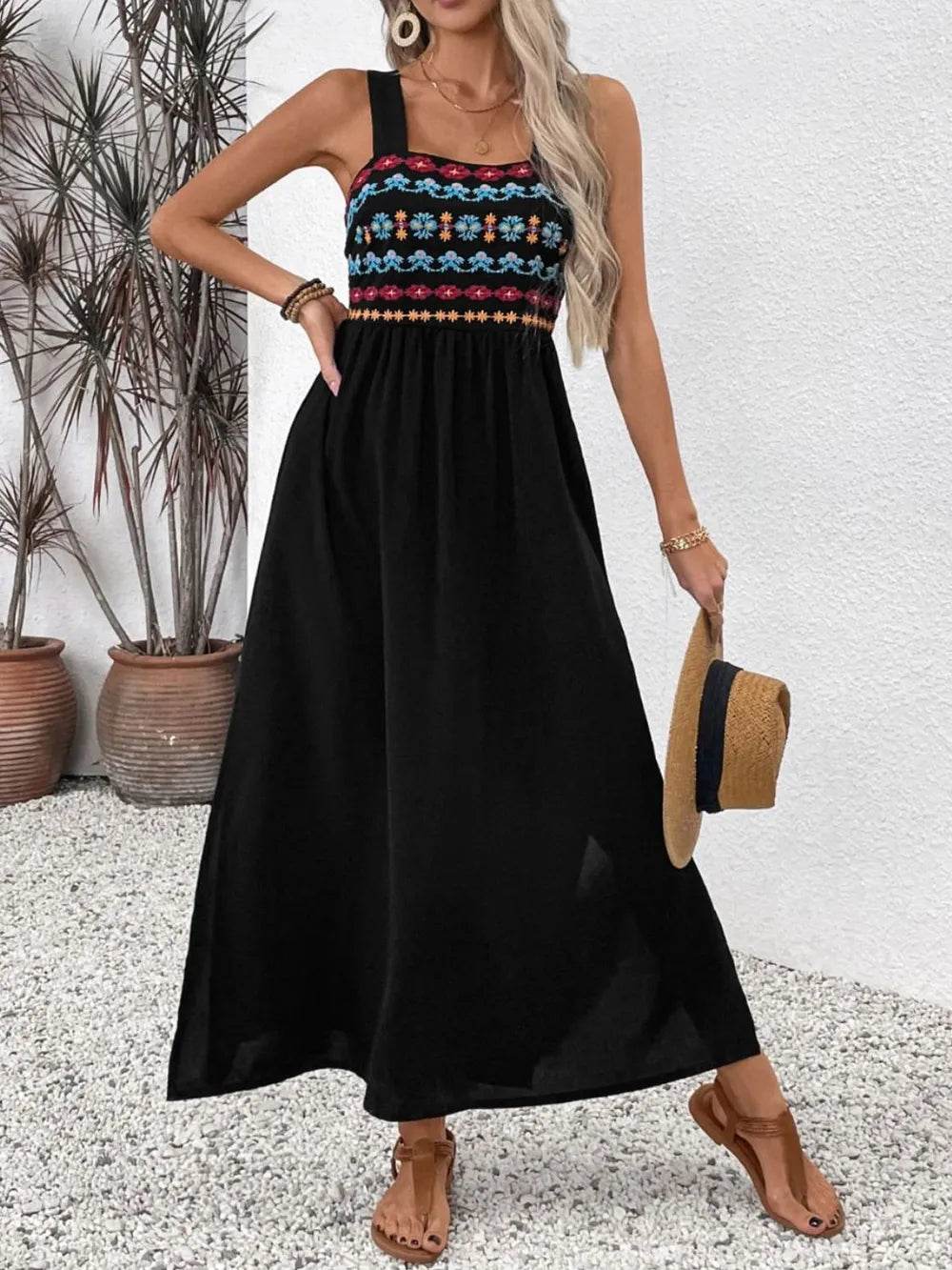 Perfee Embroidered Floral Side Slit Sleeveless Midi Dress - Velveta Studio