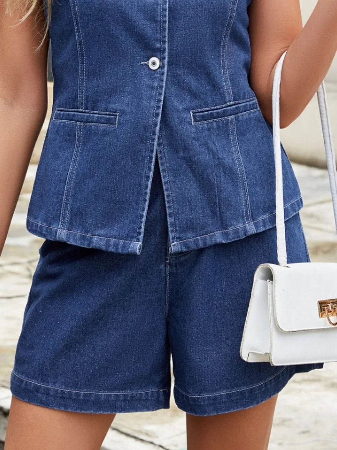 Button Down Vest and Shorts Denim Set - Velveta Studio