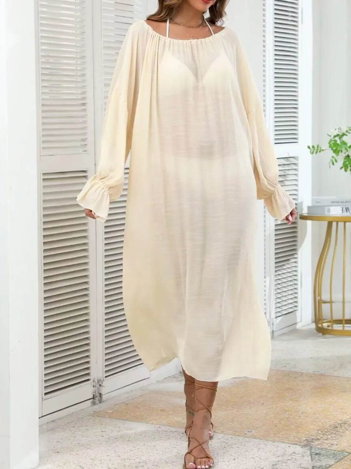 Backless Drawstring Back Flounce Sleeve Cover-Up - Velveta Studio