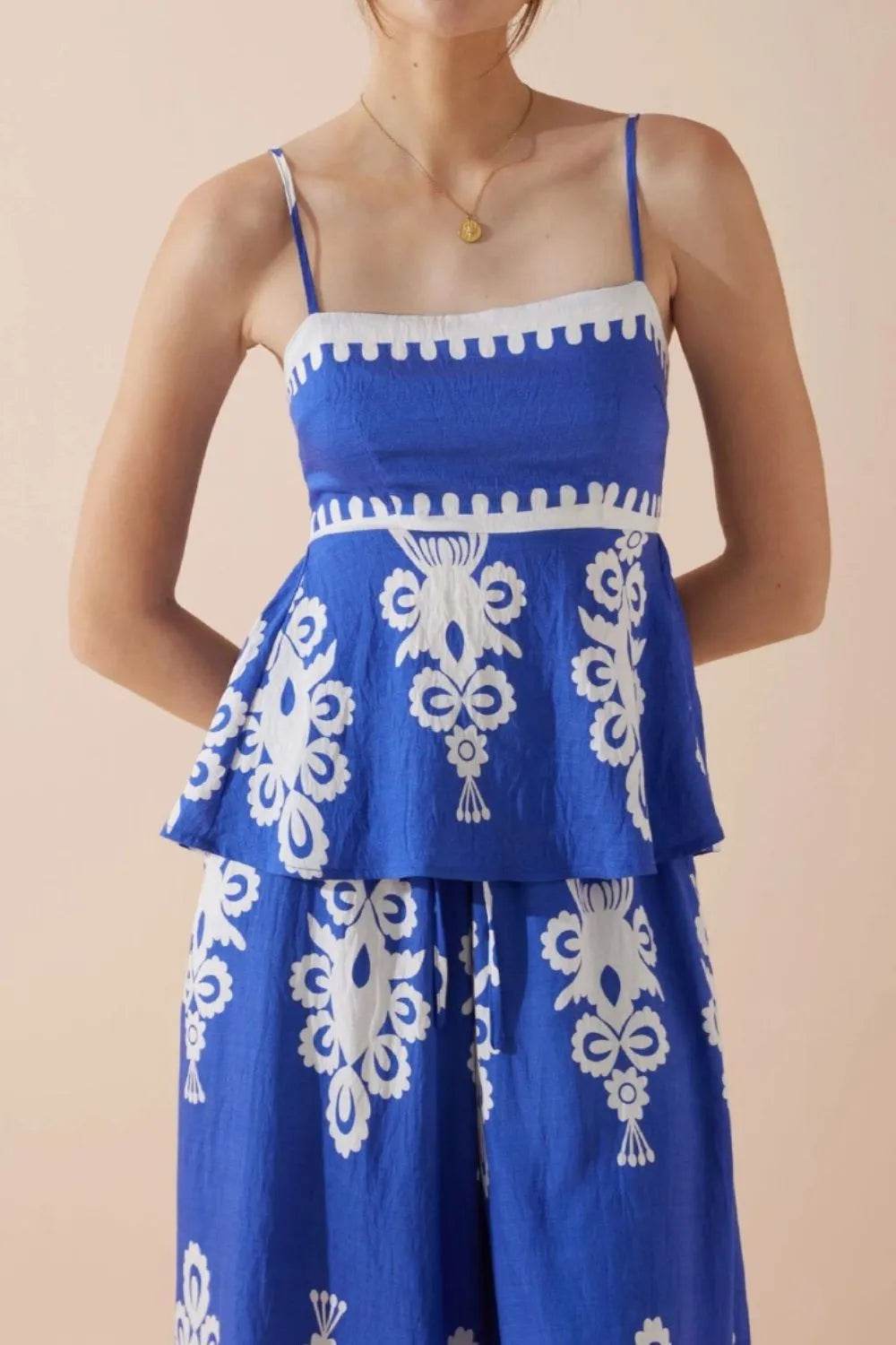 Printed Square Neck Cami and Wide Leg Pants Set - Velveta Studio