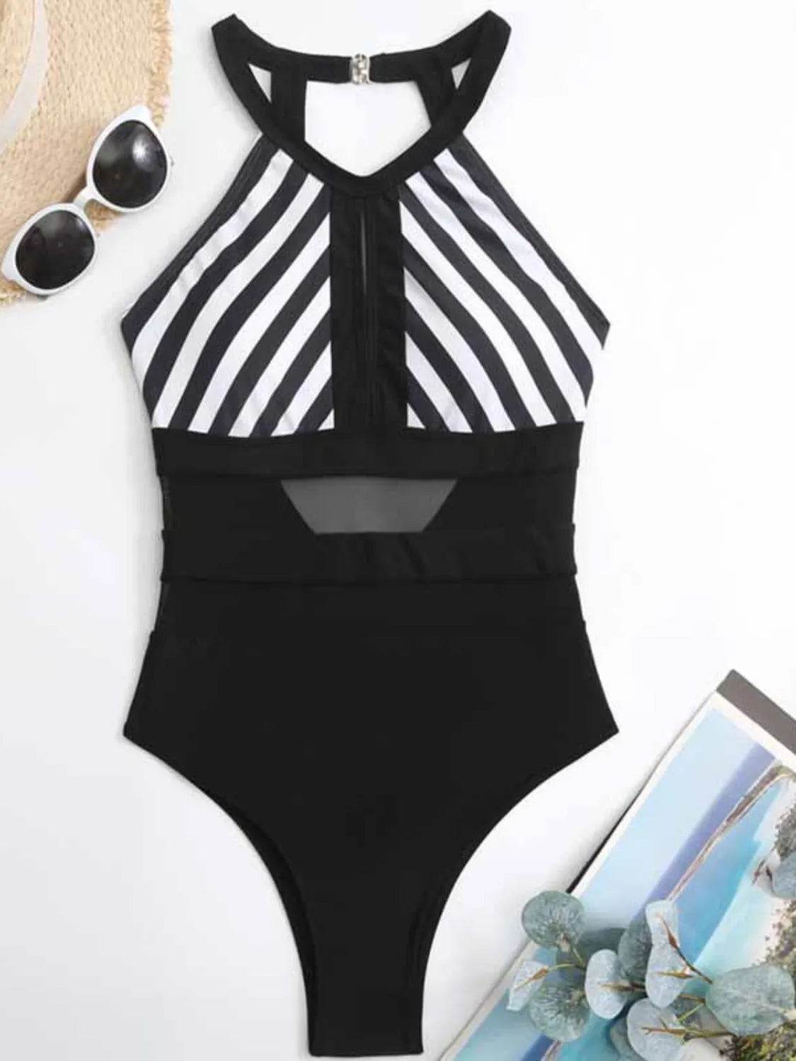 Mesh Detail Cutout Backless One-Piece Swimsuit – Striped, Padded, Stretchy - Velveta Studio