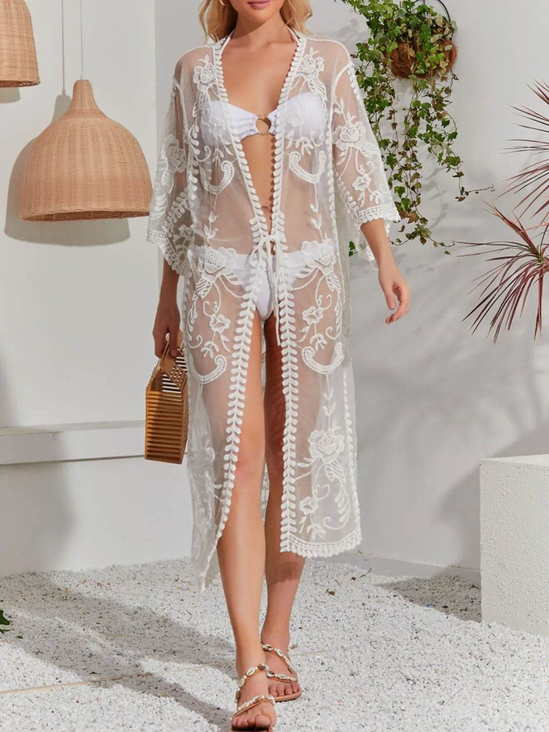 Lace Detail Open Front Longline Cover-Up - Velveta Studio