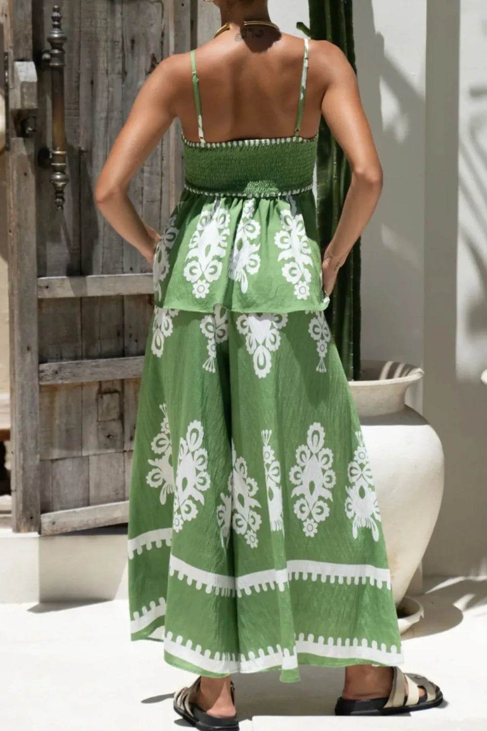 Printed Square Neck Cami and Wide Leg Pants Set - Velveta Studio