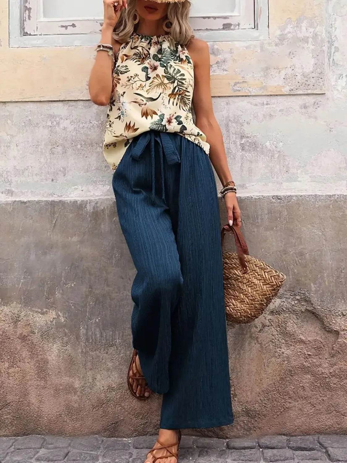 Printed Tank Top and Wide Leg Pants Set - Velveta Studio