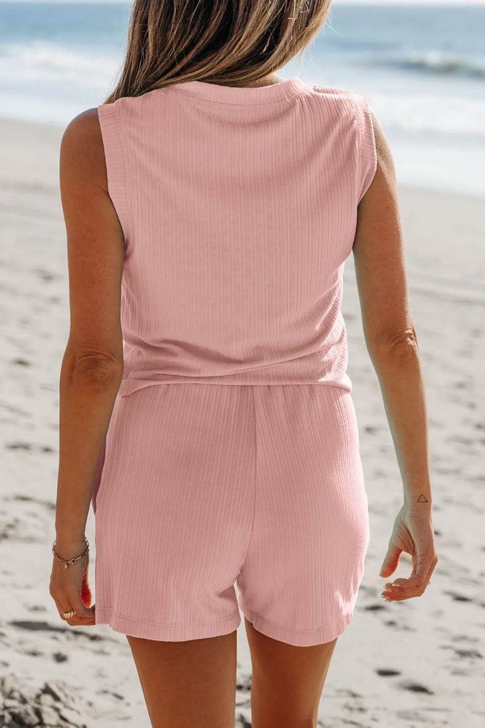 Ribbed Button V Neck Tank Top and Shorts Set - Velveta Studio