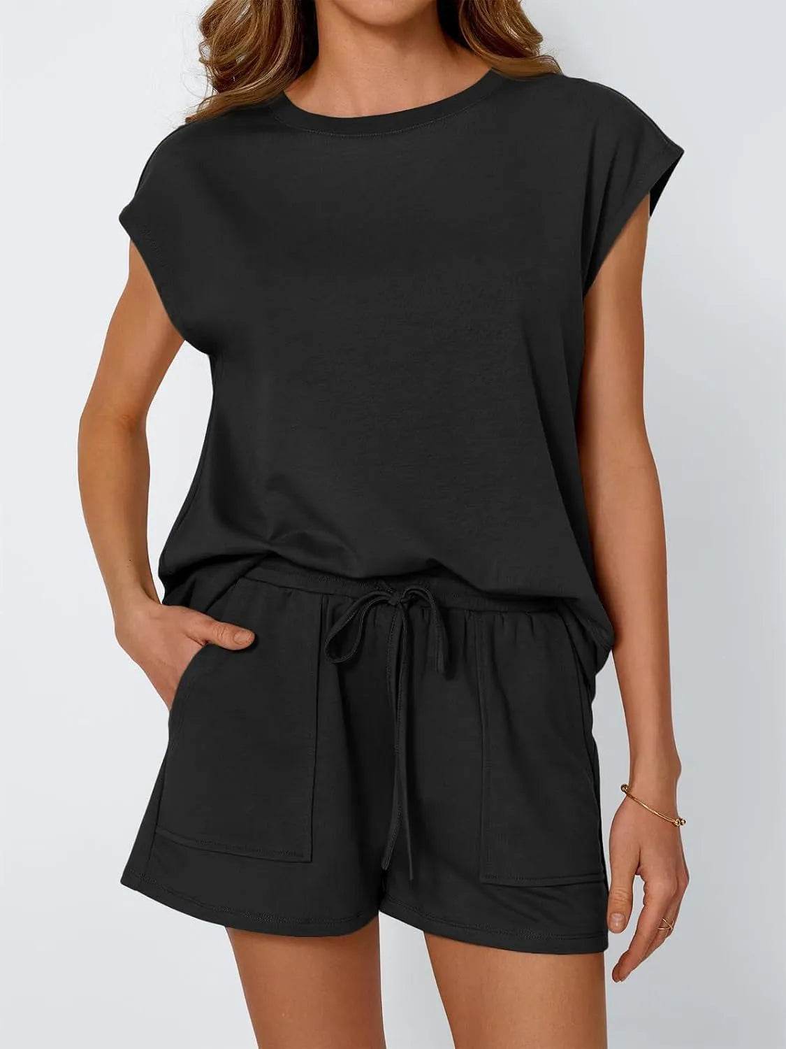 Round Neck Cap Sleeve Top and Shorts Set - Velveta Studio