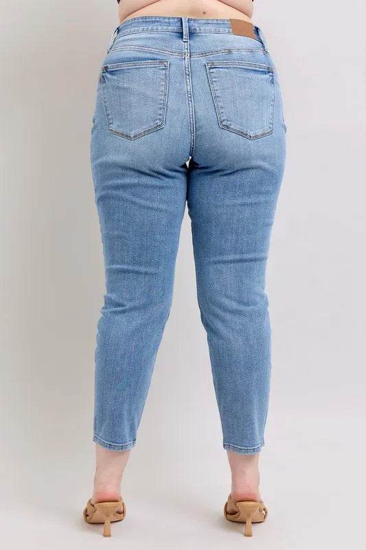 Mid Rise Vintage Wash Slim Jeans with Cell Phone Pocket Plus Size - Velveta Studio