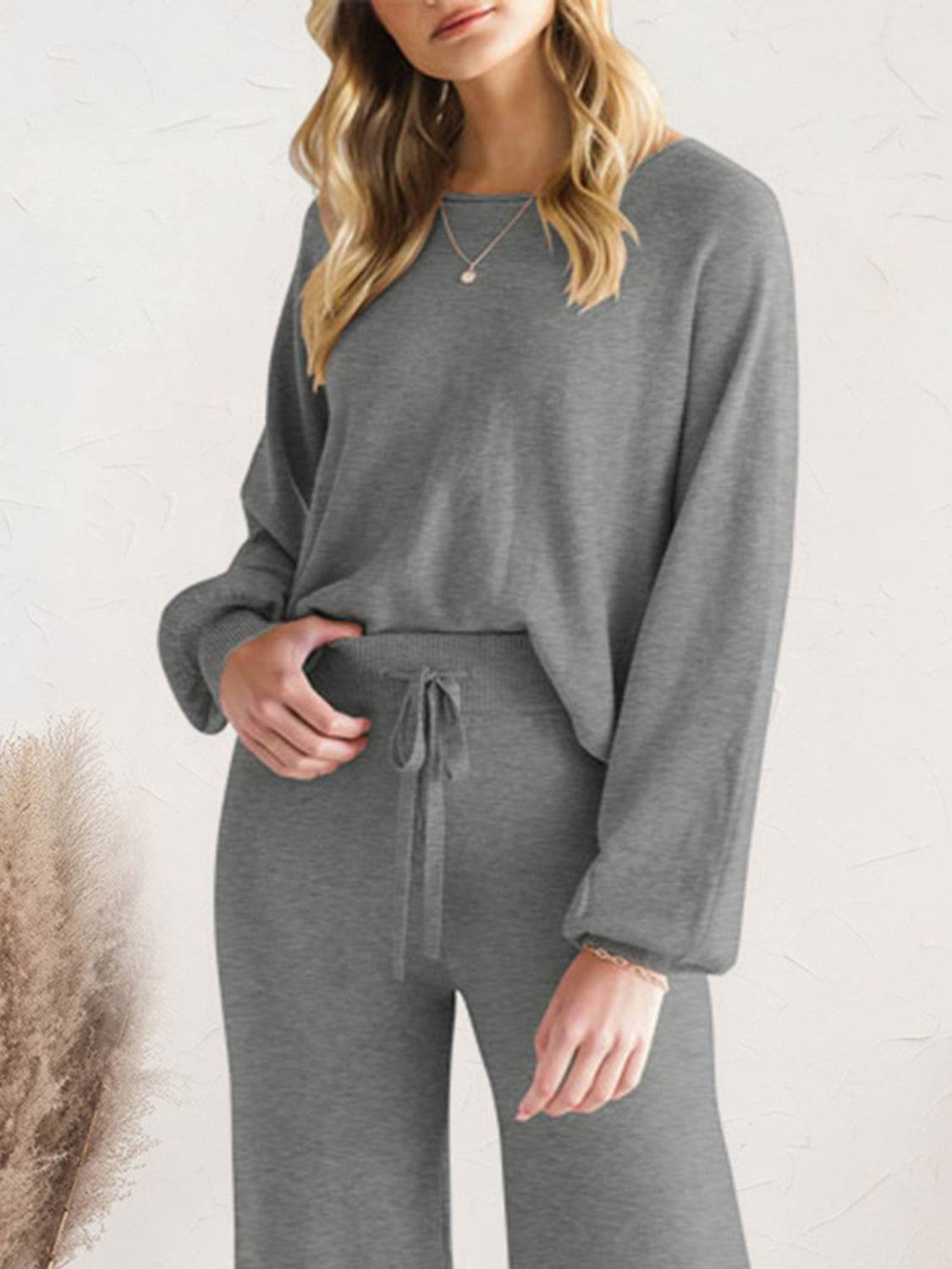 Long Sleeve Lounge Top and Drawstring Pants Set - Velveta Studio