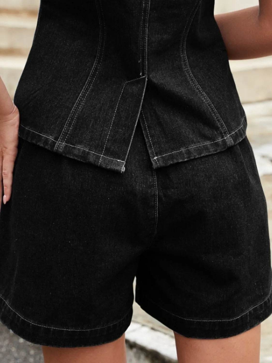 Button Down Vest and Shorts Denim Set - Velveta Studio