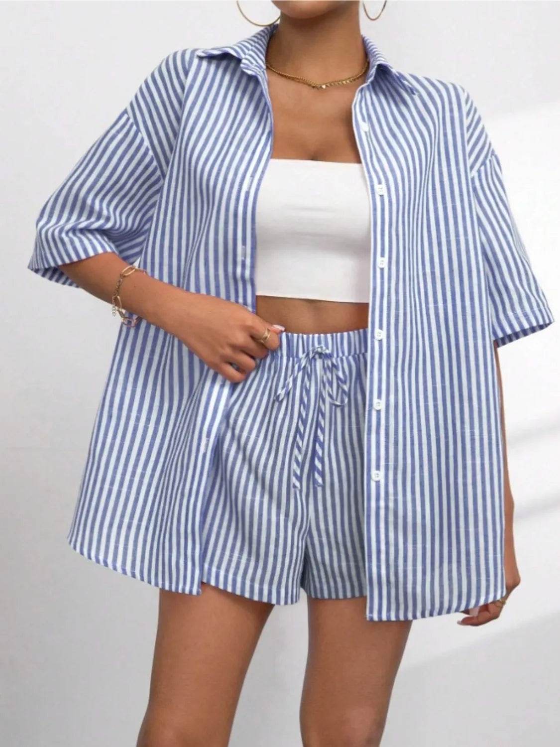 Striped Button Up Shirt and Shorts Set - Velveta Studio