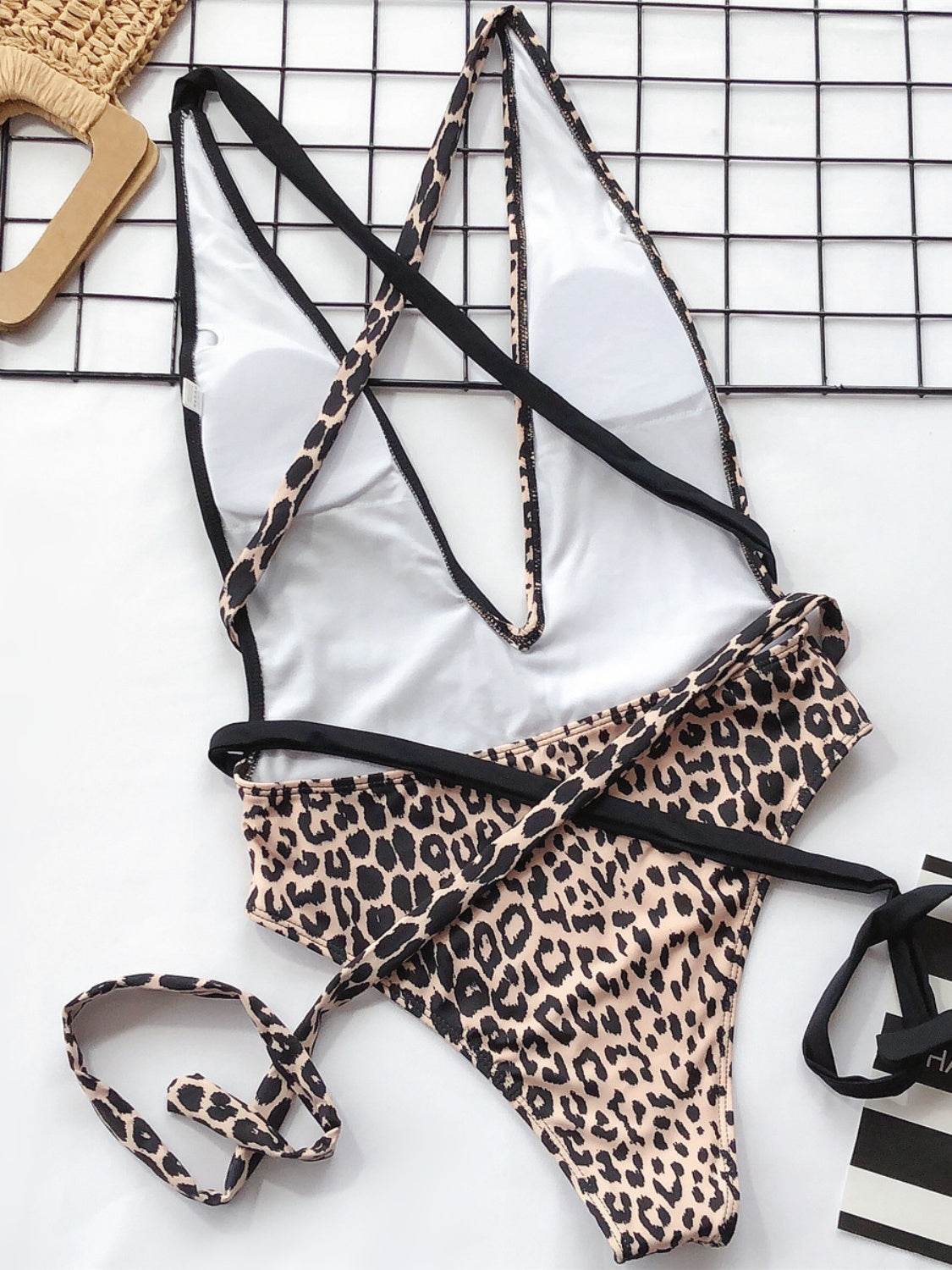 Tied Leopard Plunge One-Piece Swimwear - Velveta Studio