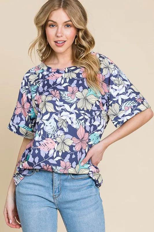 BOMBOM Floral Round Neck Short Sleeve T-Shirt - Velveta Studio