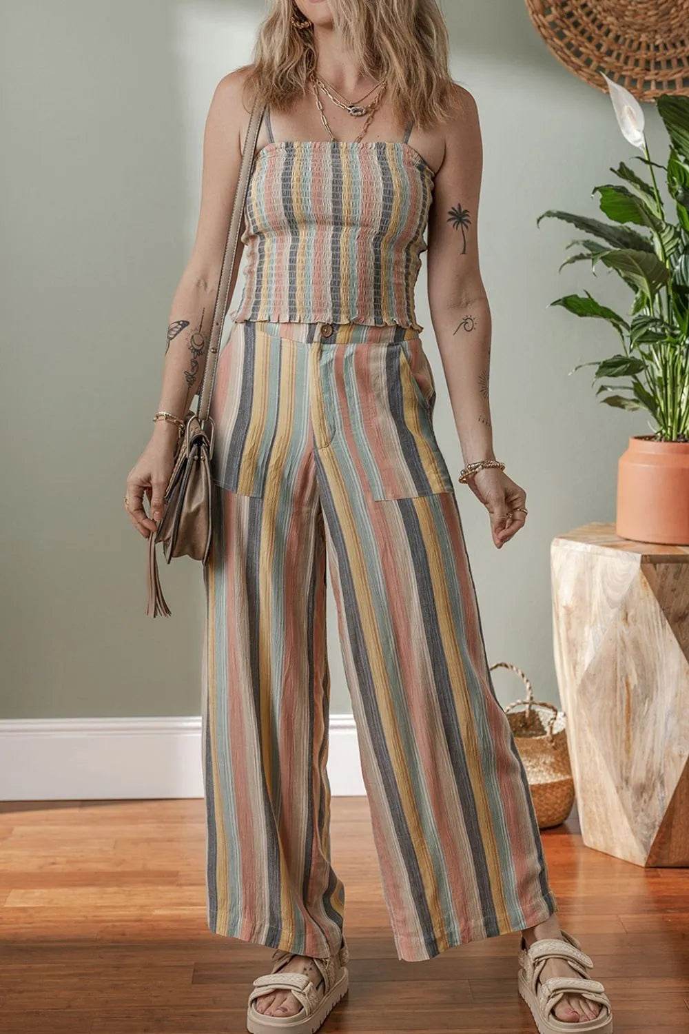 Striped Smocked Cami Top and Wide Leg Pants Set - Velveta Studio