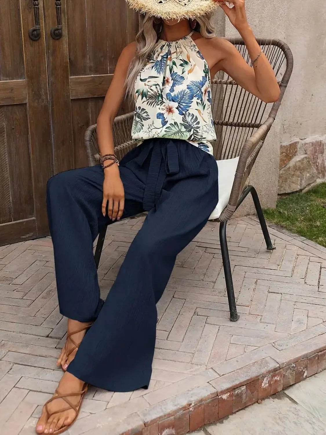 Printed Tank Top and Wide Leg Pants Set - Velveta Studio