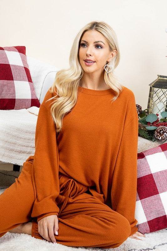 Super Lady Full Size Fuzzy Hacci Brush Round Neck Top and Pants Lounge Set - Velveta Studio