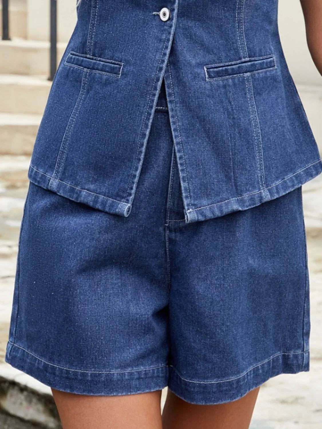 Button Down Vest and Shorts Denim Set - Velveta Studio
