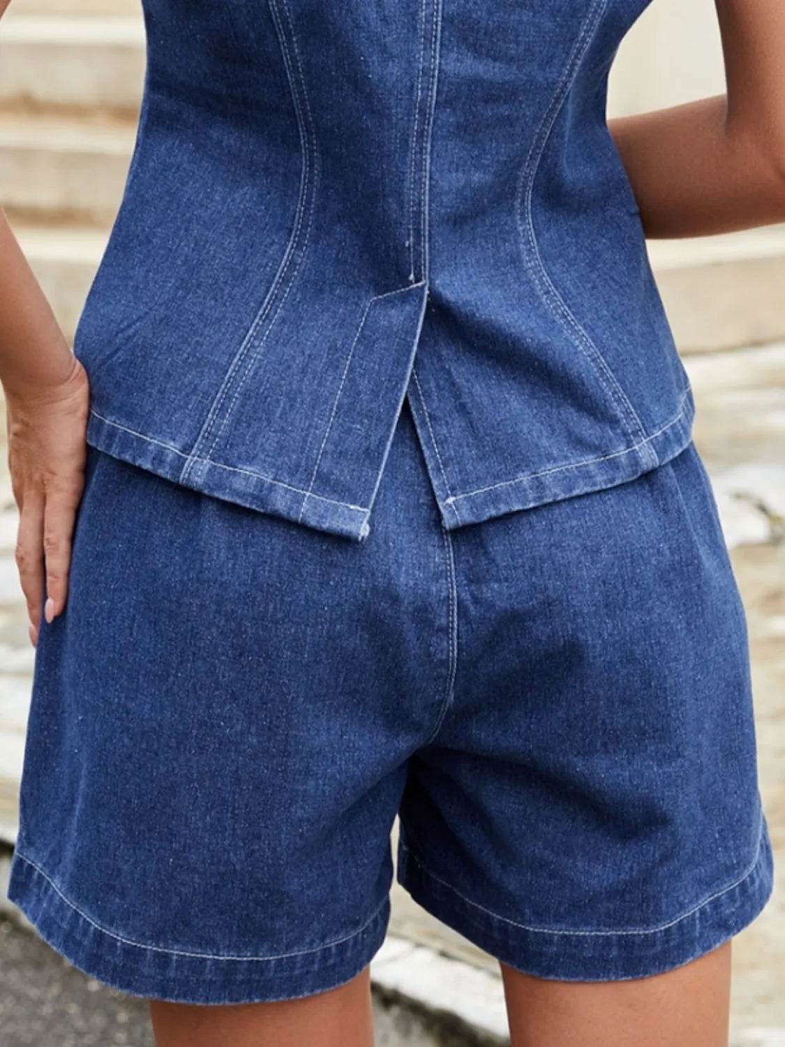 Button Down Vest and Shorts Denim Set - Velveta Studio