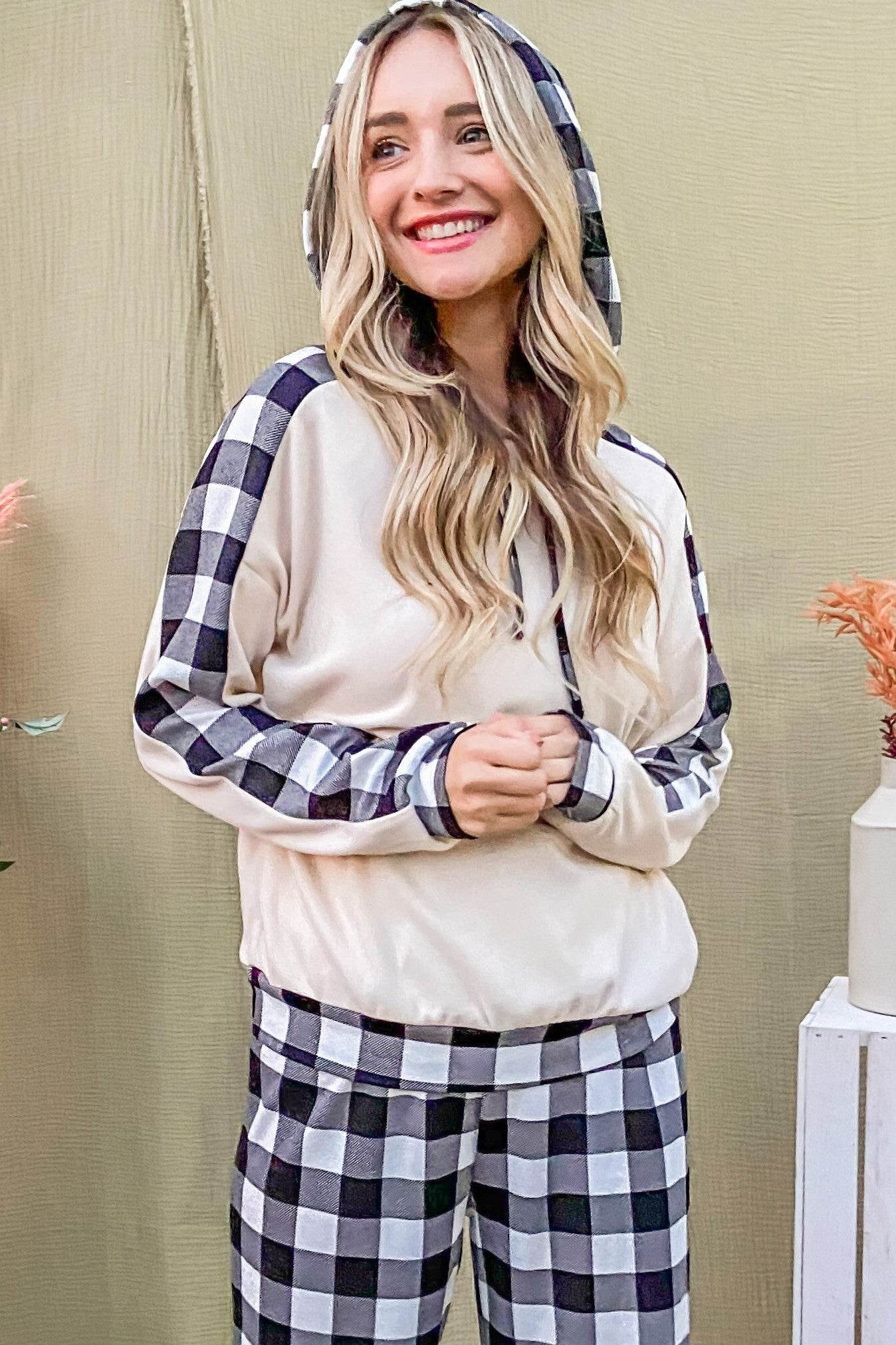 And The Why Drawstring Hooded Top and Plaid Pants Lounge Set - Velveta Studio