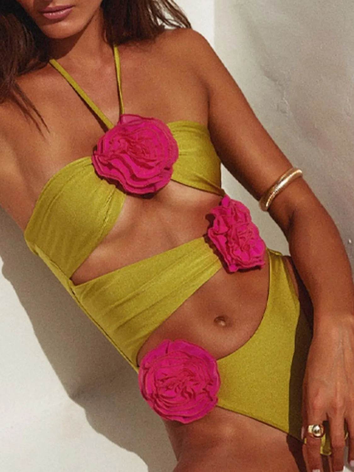 Flower Cutout Halter Neck One-Piece Swimwear - Velveta Studio