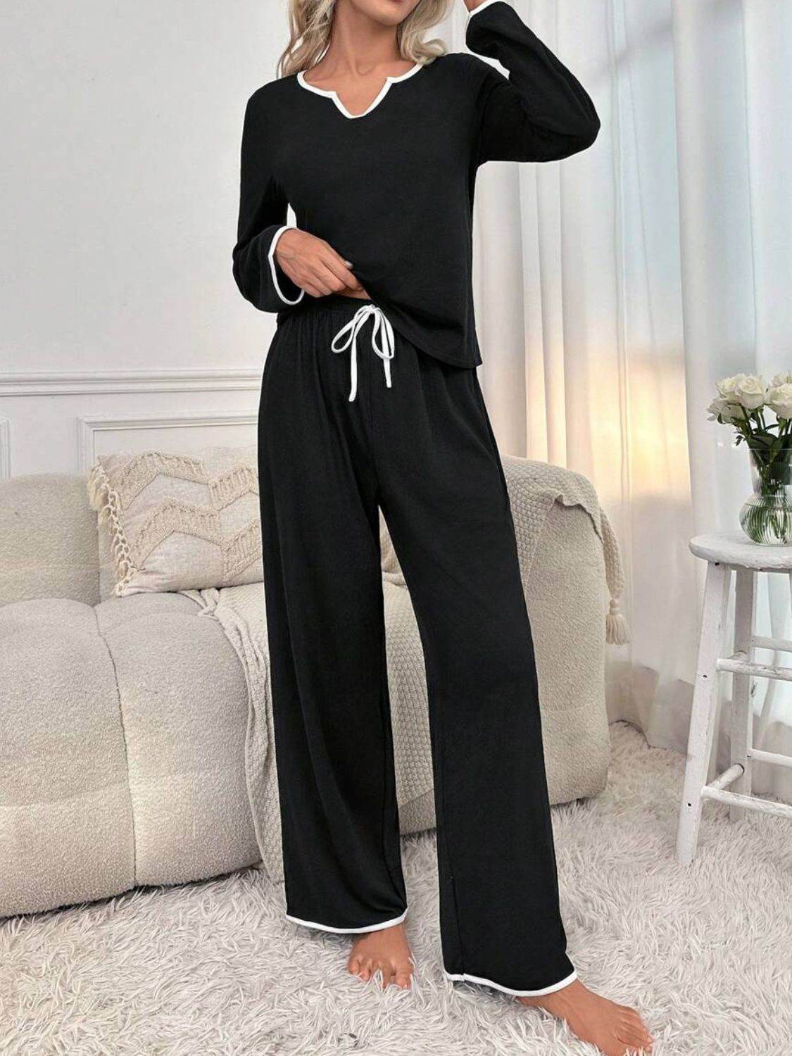 Contrast Trim Notched Long Sleeve Top and Pants Lounge Set - Velveta Studio