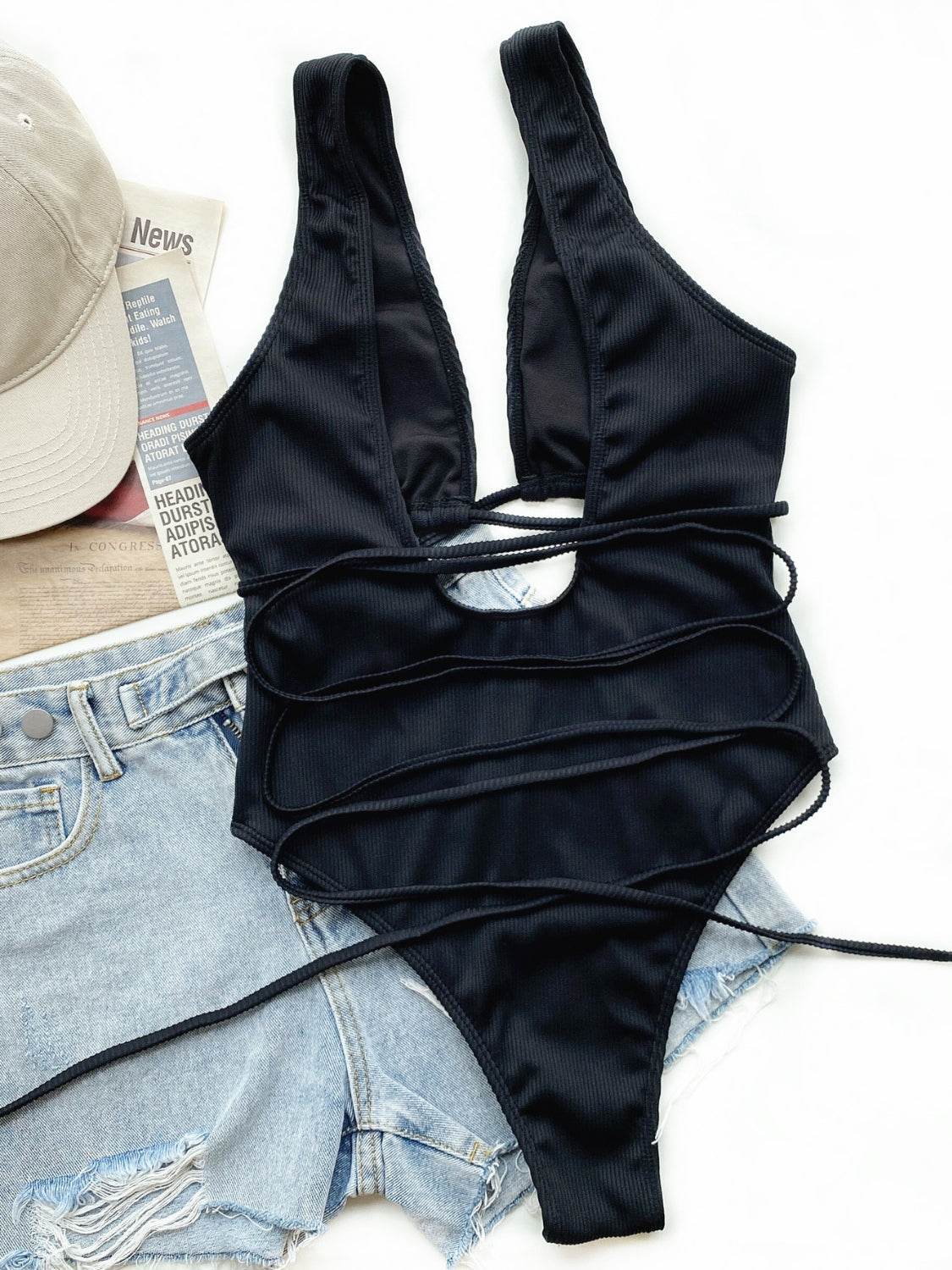 Ribbed Lace Up One-Piece Swimsuit - Velveta Studio