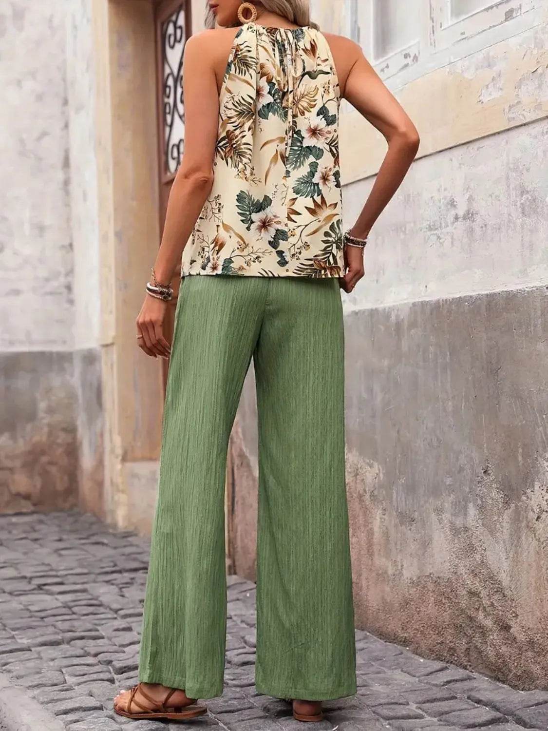 Printed Tank Top and Wide Leg Pants Set - Velveta Studio