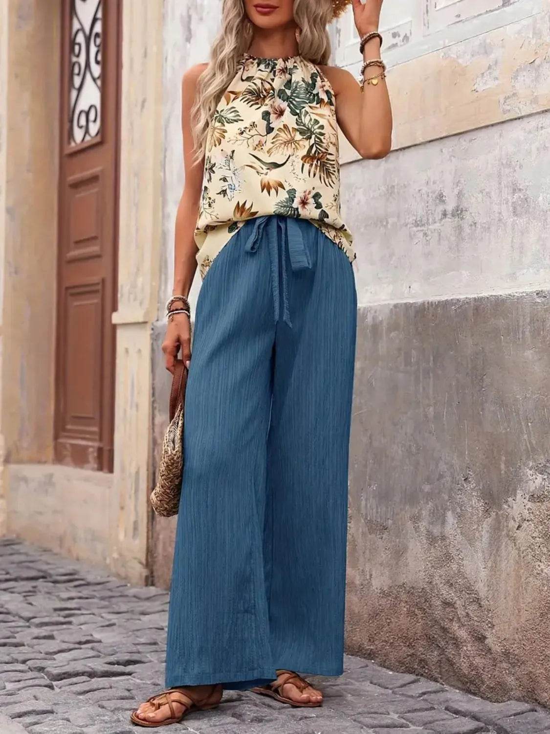 Printed Tank Top and Wide Leg Pants Set - Velveta Studio