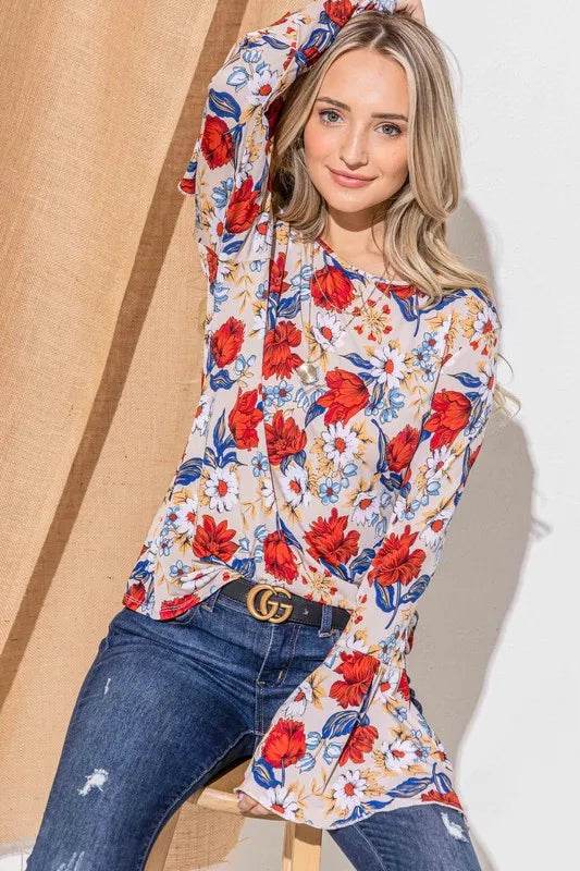 And The Why Floral Printed Bell Sleeve Casual Top - Velveta Studio