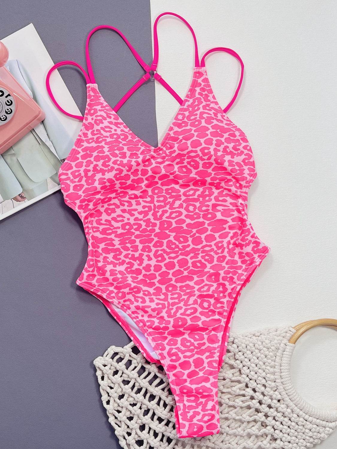 Leopard Plunge Spaghetti Strap One-Piece Swimwear - Velveta Studio