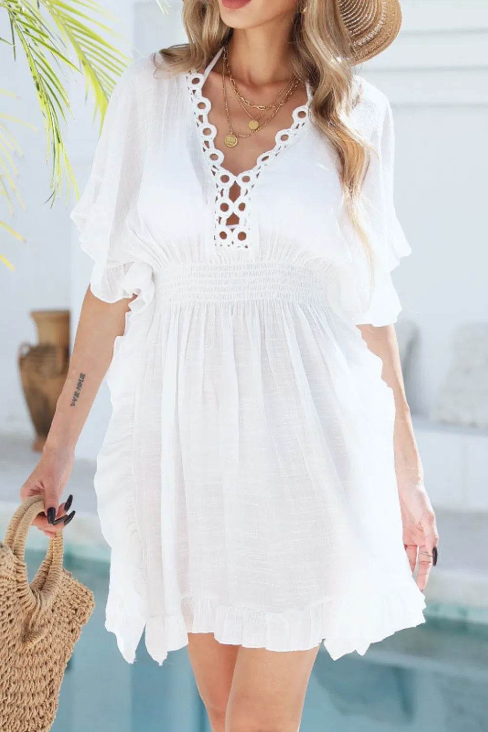 Ruffled Smocked Waist V-Neck Cover-Up - Velveta Studio