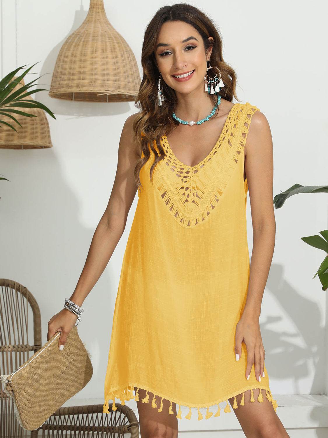 Tassel Scoop Neck Wide Strap Cover-Up - Velveta Studio