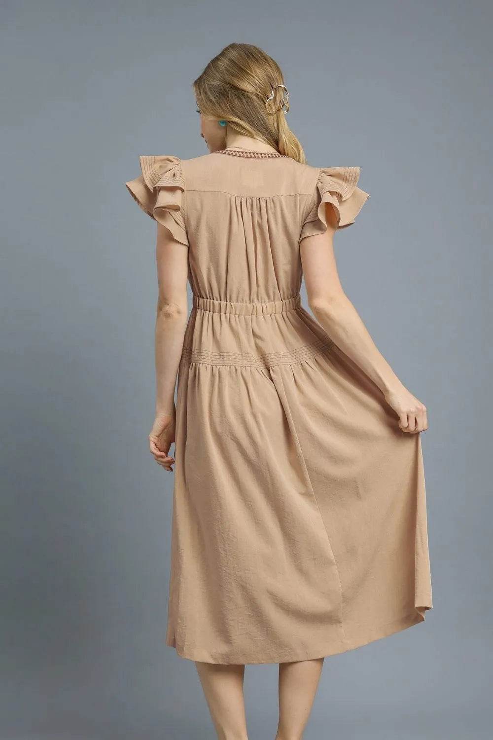 Romantic Ruffle Midi Dress with Lace Trim – Beige - Velveta Studio