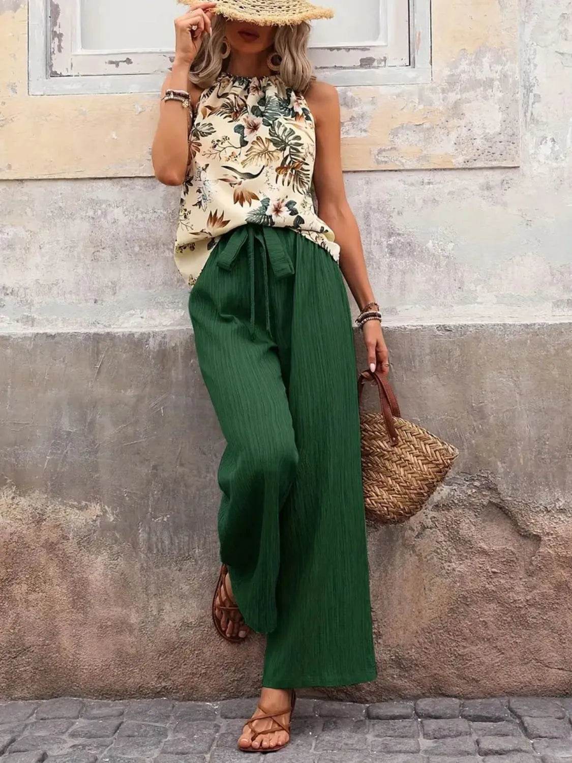Printed Tank Top and Wide Leg Pants Set - Velveta Studio