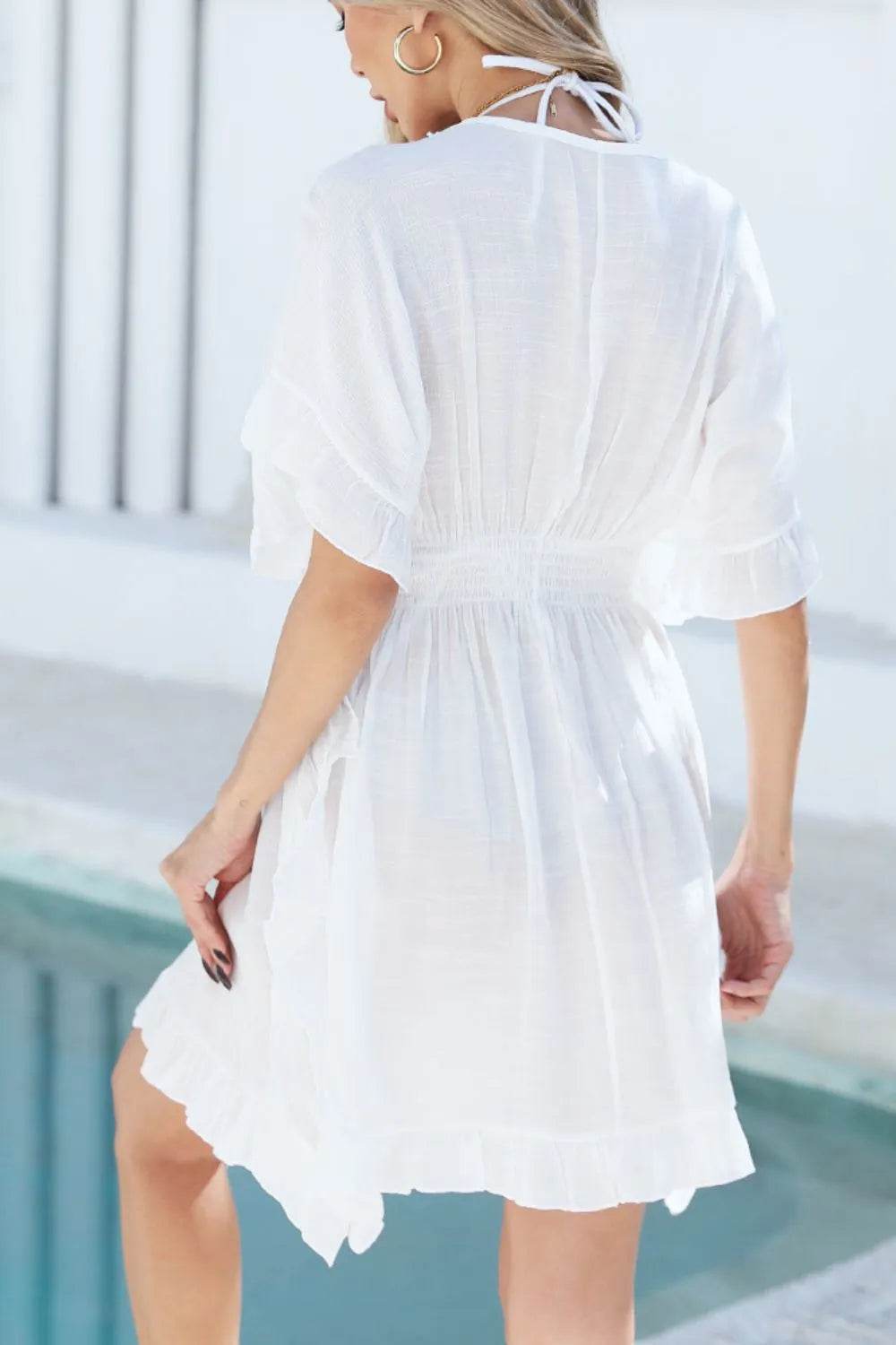 Ruffled Smocked Waist V-Neck Cover-Up - Velveta Studio