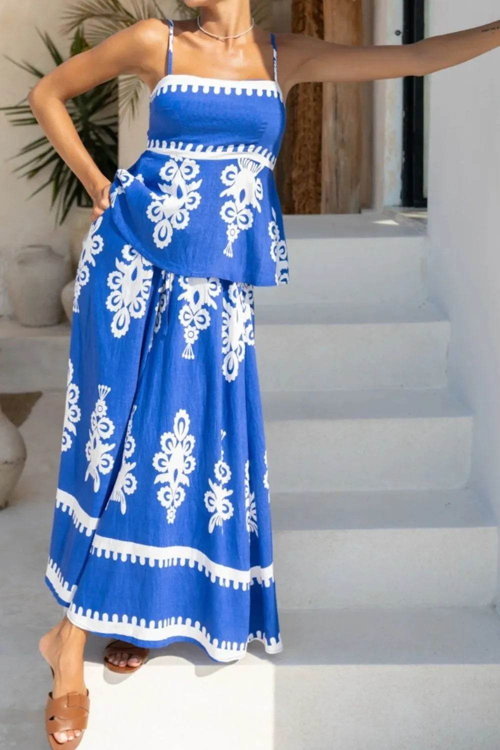 Printed Square Neck Cami and Wide Leg Pants Set - Velveta Studio