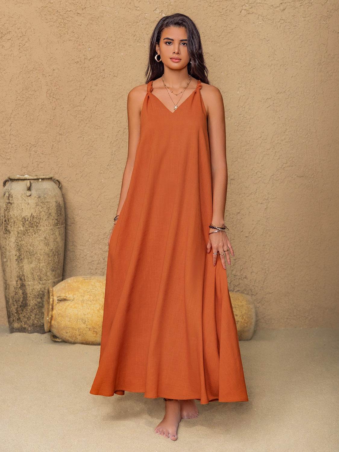 Ruched Twisted Back Sleeveless Maxi Cami Dress - Velveta Studio