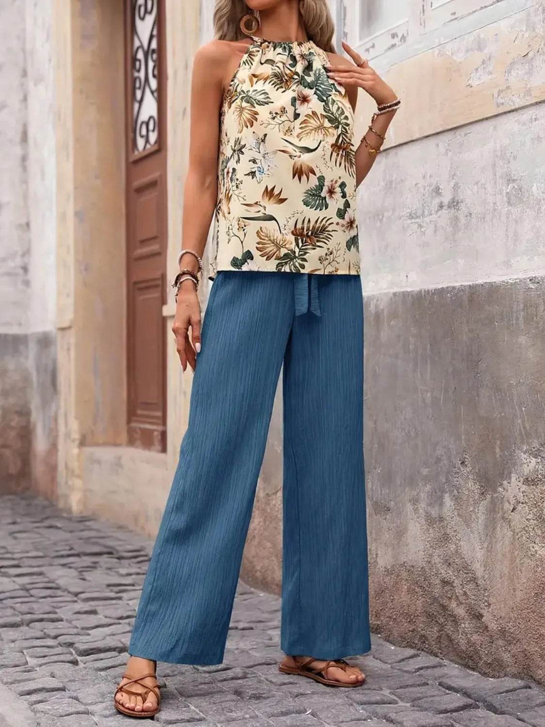 Printed Tank Top and Wide Leg Pants Set - Velveta Studio
