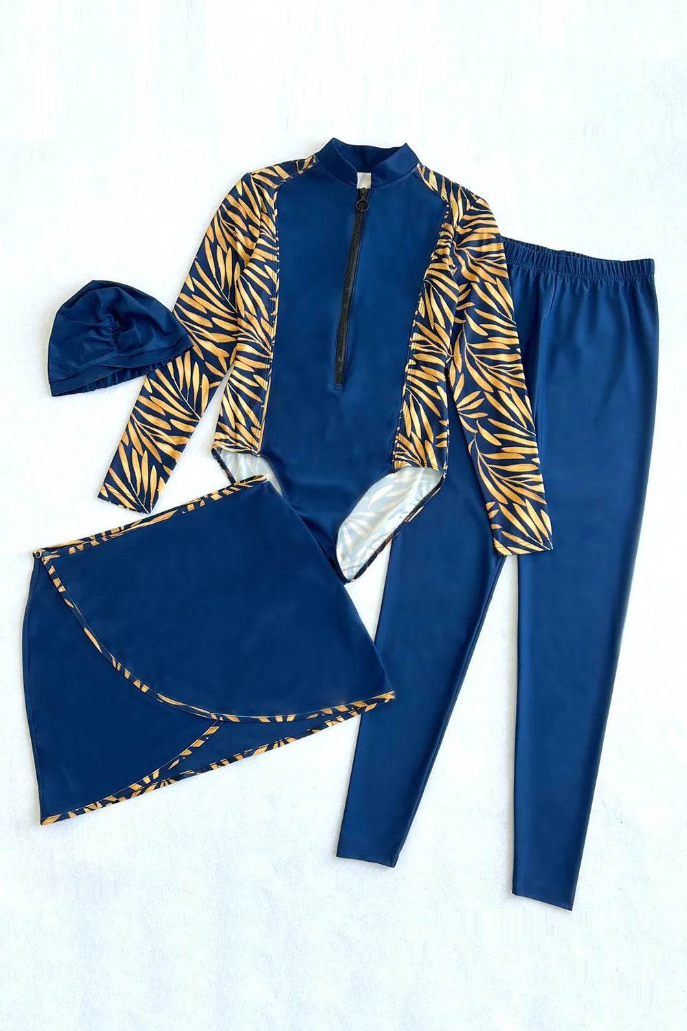 Cap, Printed Long Sleeve Swimwear, Pants and Mini Skirt Four-Piece Swim Set - Velveta Studio