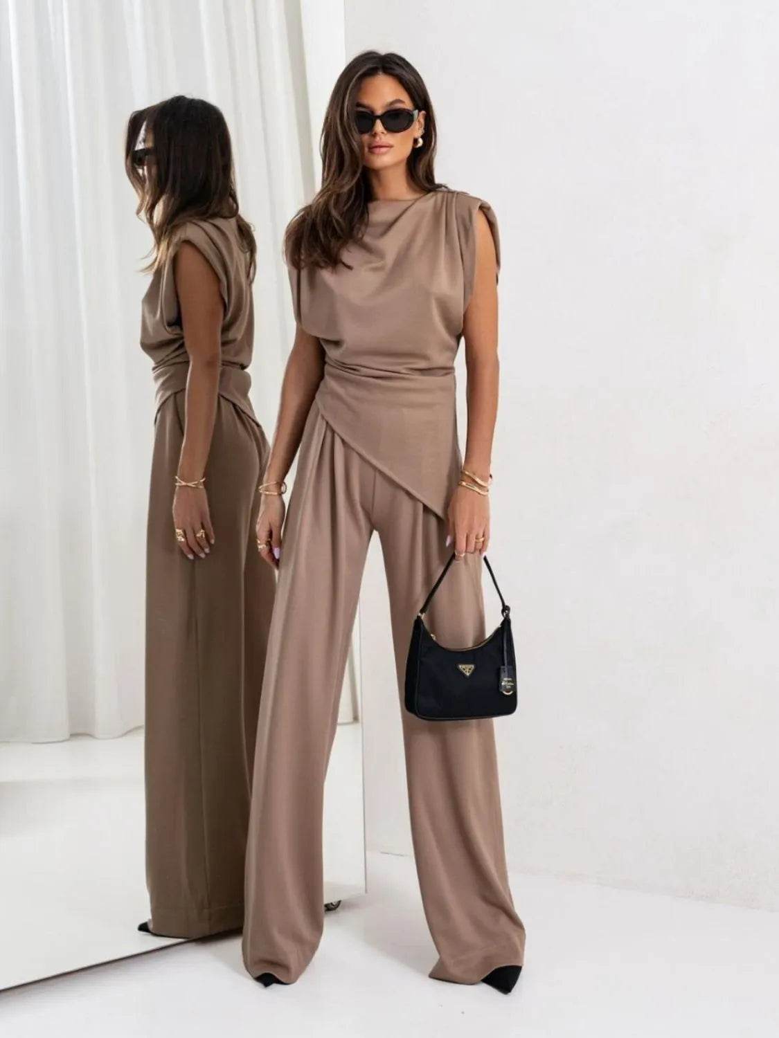 Slit Ruched Top and Wide Leg Pants Set - Velveta Studio