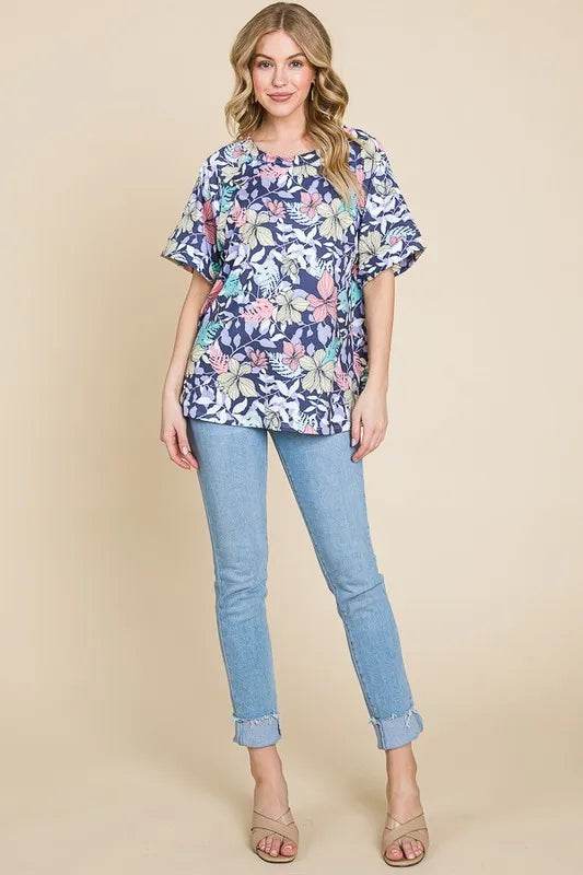 BOMBOM Floral Round Neck Short Sleeve T-Shirt - Velveta Studio