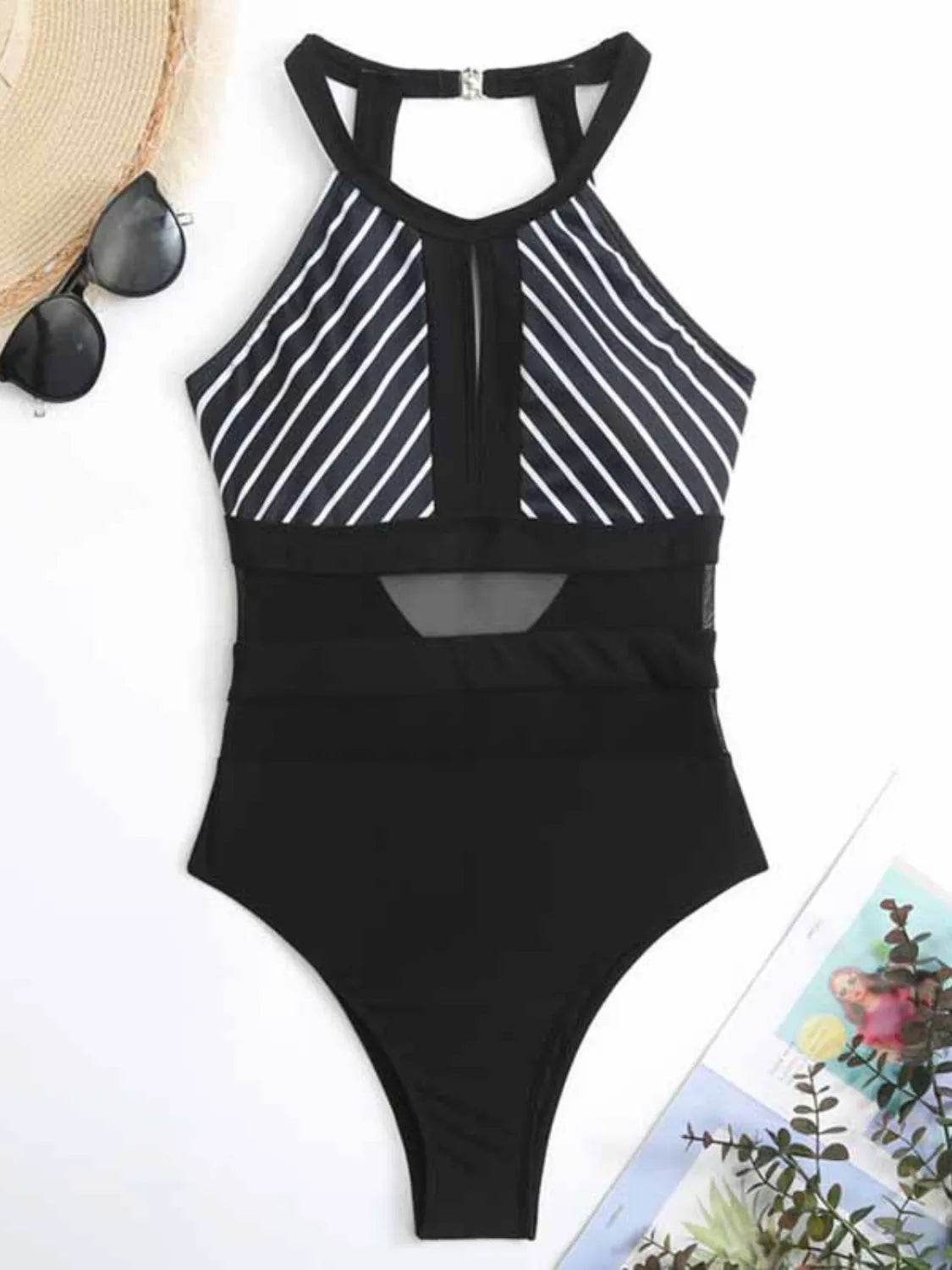 Mesh Detail Cutout Backless One-Piece Swimsuit – Striped, Padded, Stretchy - Velveta Studio