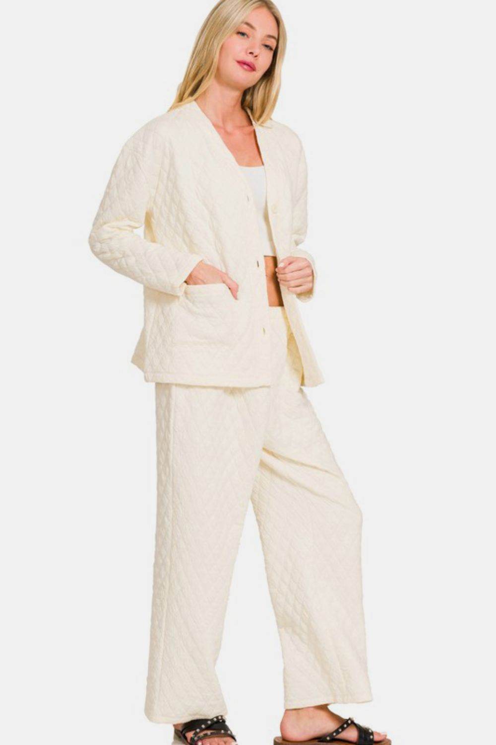 Zenana Quilted Button Up Long Sleeve Top and Pants Lounge Set - Velveta Studio