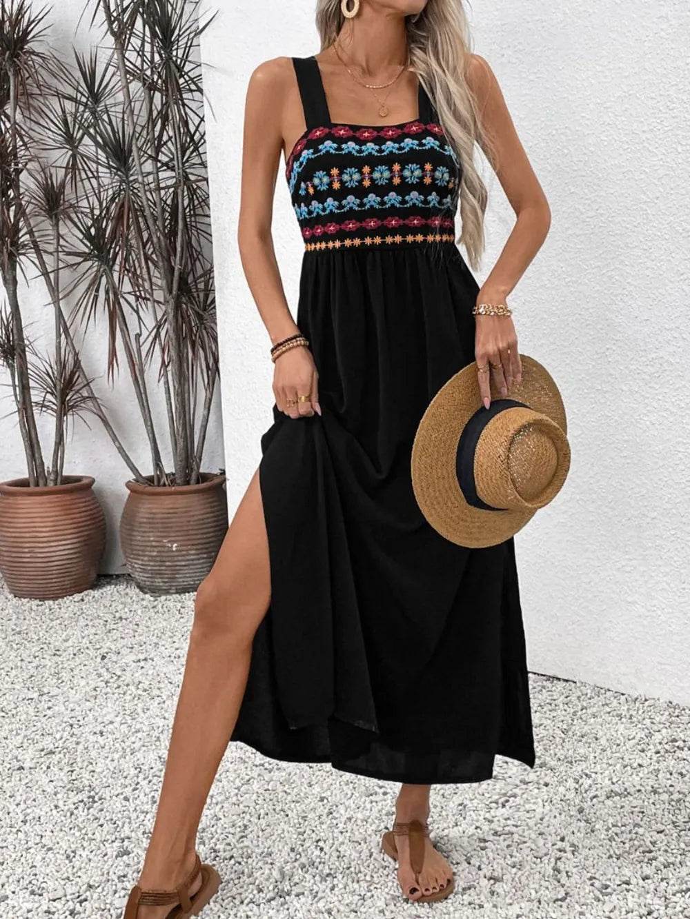 Perfee Embroidered Floral Side Slit Sleeveless Midi Dress - Velveta Studio