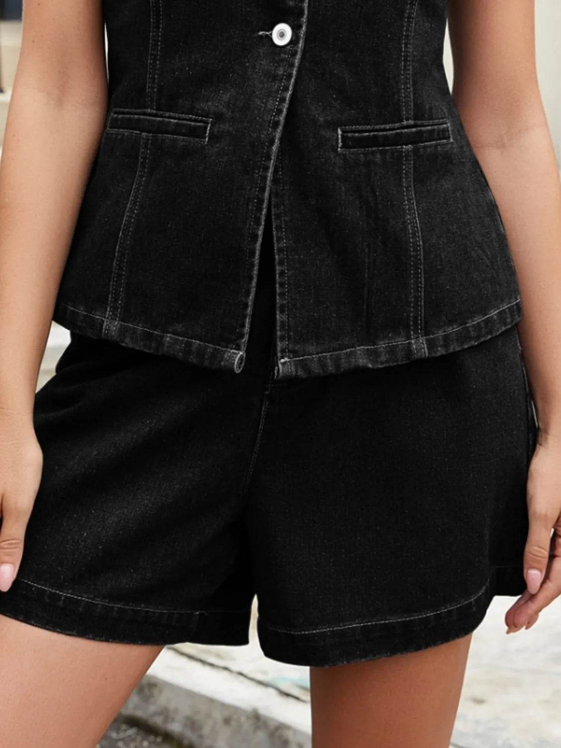 Button Down Vest and Shorts Denim Set - Velveta Studio