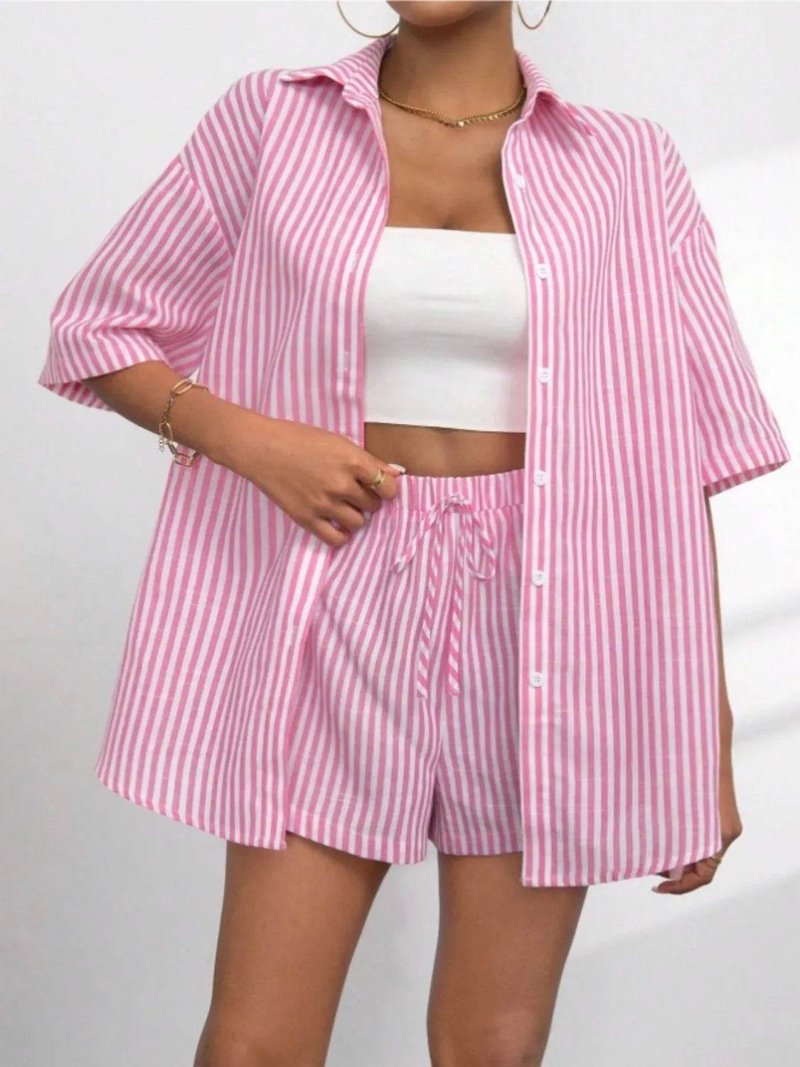 Striped Button Up Shirt and Shorts Set - Velveta Studio