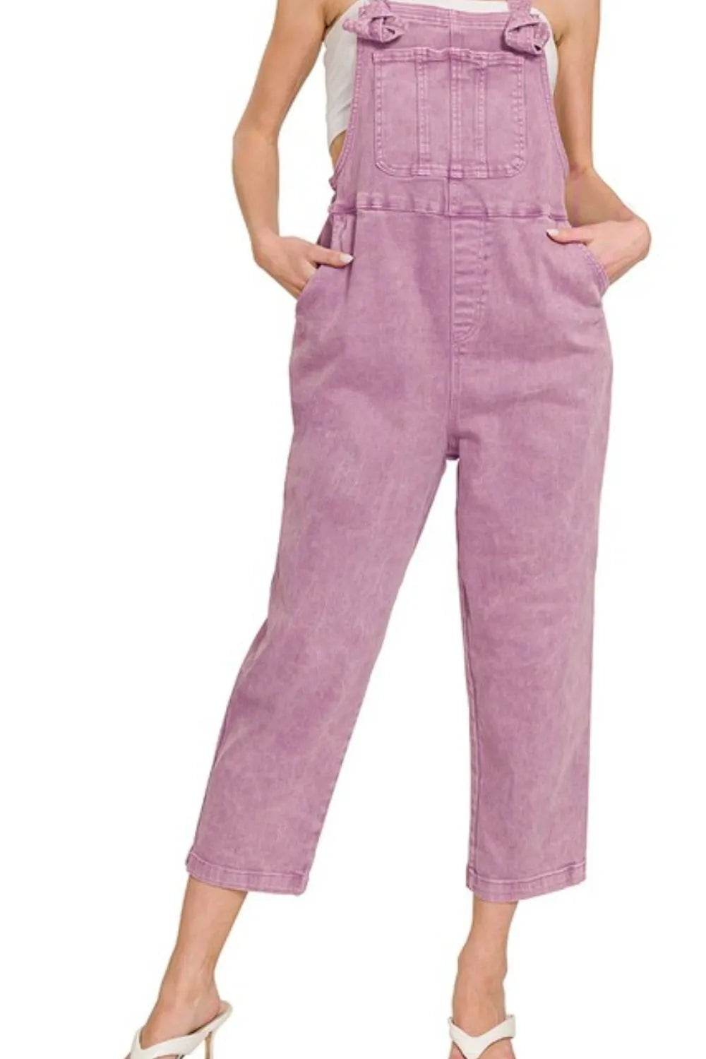 Washed Knot Strap Relaxed Fit Overalls - B Violet - Velveta Studio