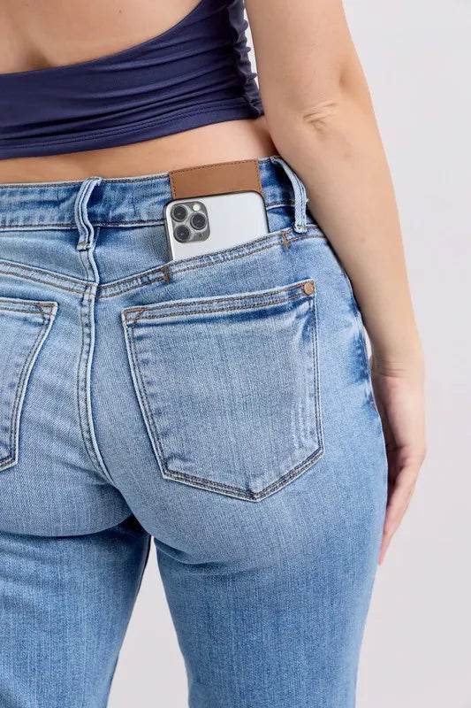 Mid Rise Vintage Wash Slim Jeans with Cell Phone Pocket Plus Size - Velveta Studio